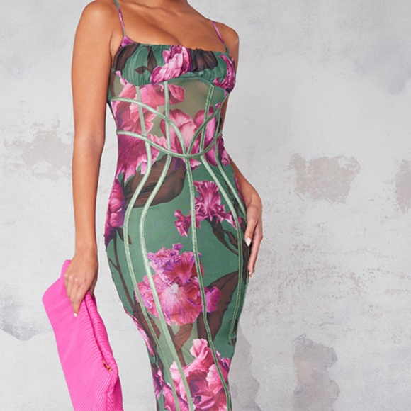 Green Mesh Floral Midi Dress - Picture 1 of 6